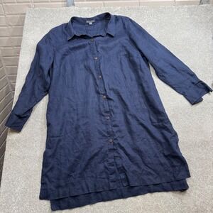 Go Silk Navy Linen Tunic Shirt Dress Button Down Plus 2X Lagenlook Minimalist